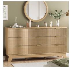 Fluted Dresser for Bedroom with 9 Drawers, 57" Wide Modern Chest of Drawers with Metal Handle, Wooden Dresser TV Stand, Wood Closet Clothes Storage Or