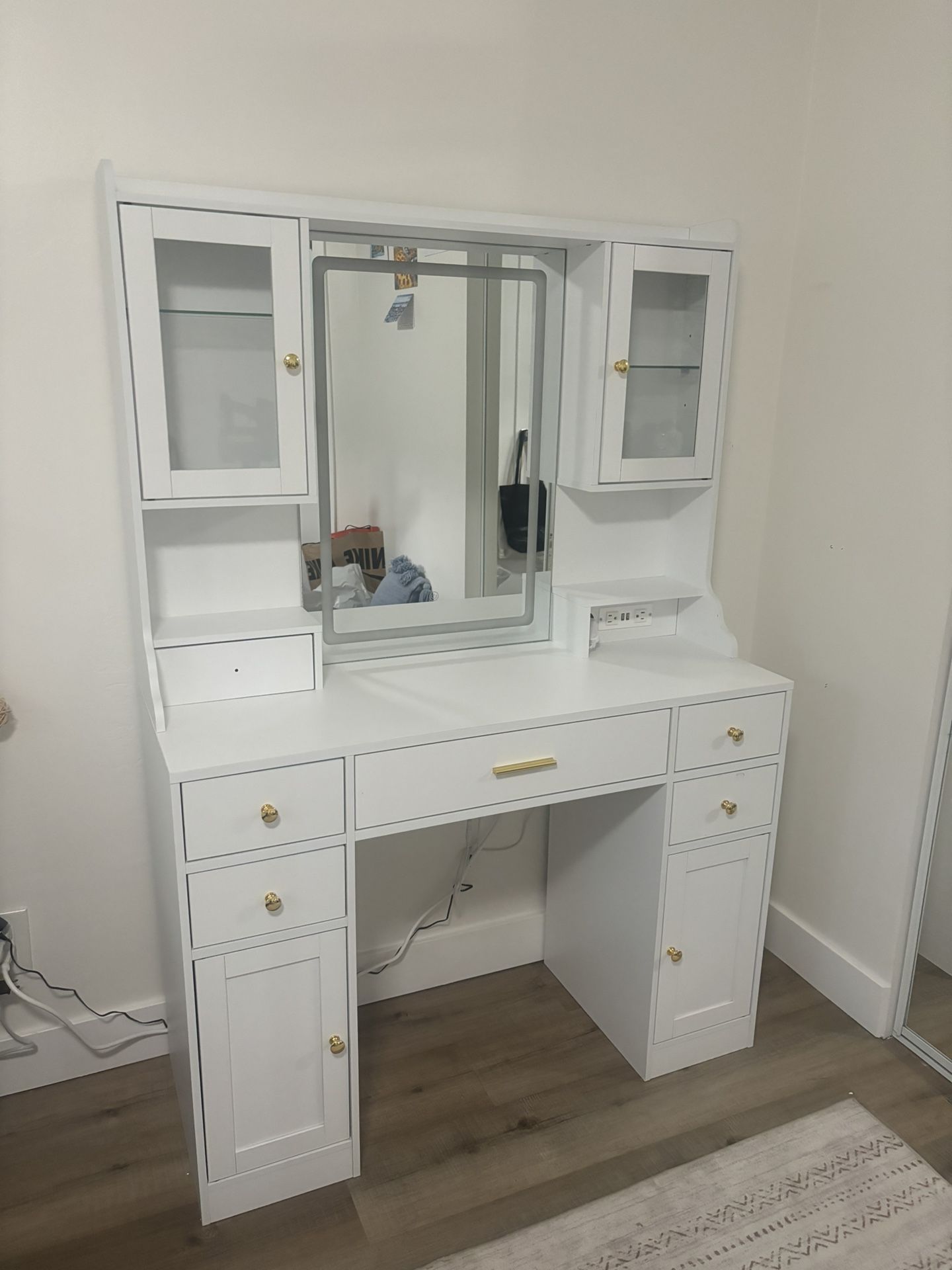 Vanity Desk With Mirror, Lights, And Charging Station