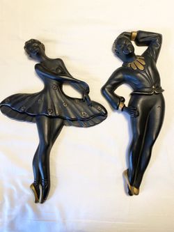 Vintage MCM Large Chalkware Wall Art Plaques - Black / Gold Ballet Dancers 16”
