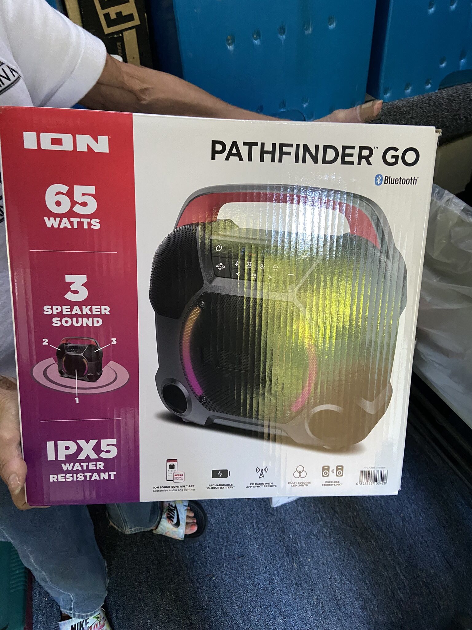 ION Pathfinder Go 65 W Bluetooth Speaker — IPX5, 3‑Speaker Wide Sound, LED Lighting