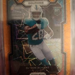 2023 Panini Prizm De'von Achane Orange Lazer Rookie Dolphins /patch Card