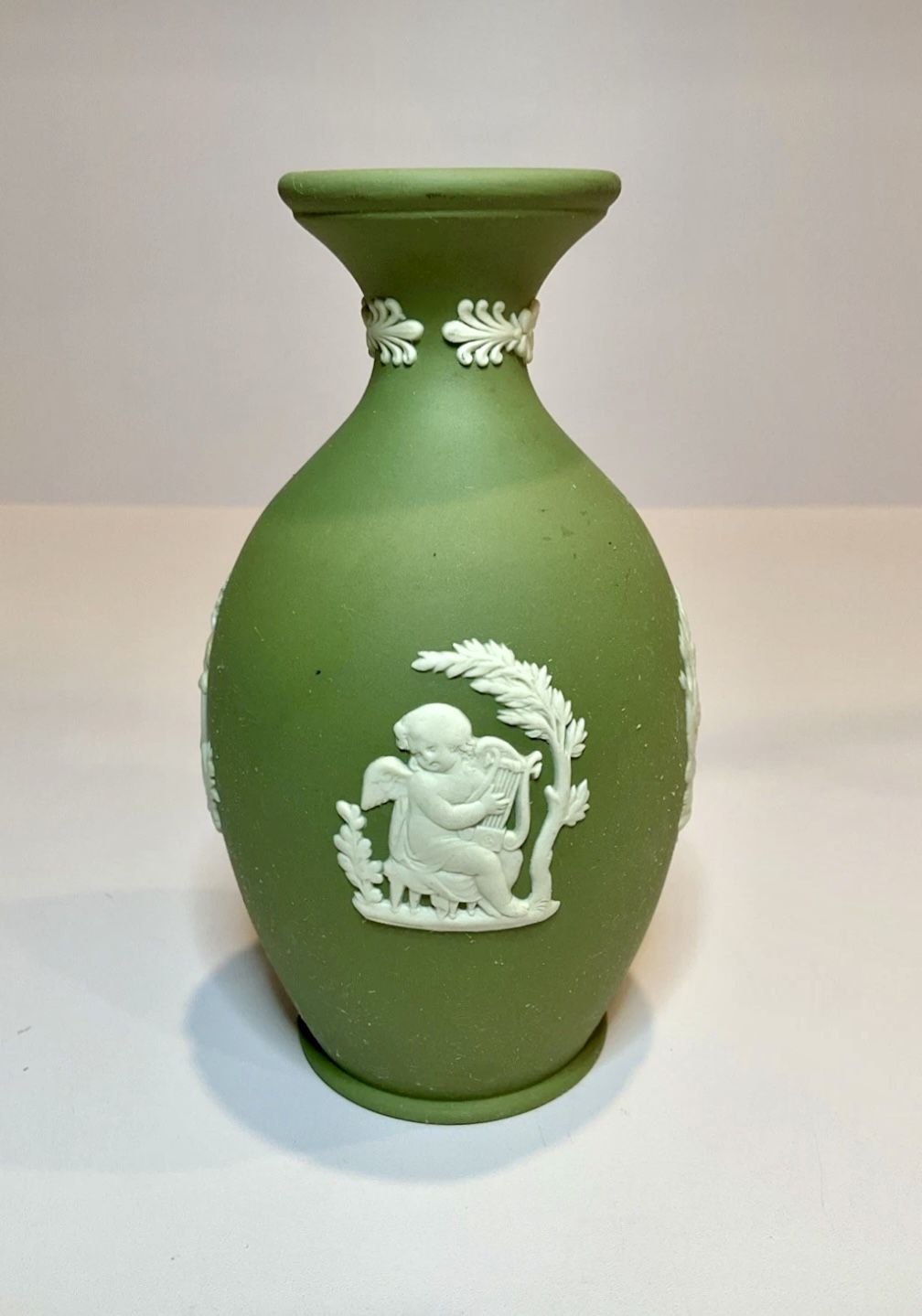 Vintage Wedgwood Jasperware Bud Vase Green With White Relief, Made in England