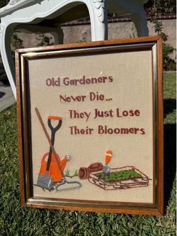 15 x 13 Vintage 1970s Gardeners Theme Framed Crewel Needlepoint Wall Hanging Art Home Decor