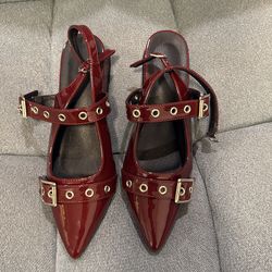 Women Rivet Pointed Toe Block Heel Mules Loafers, Claret