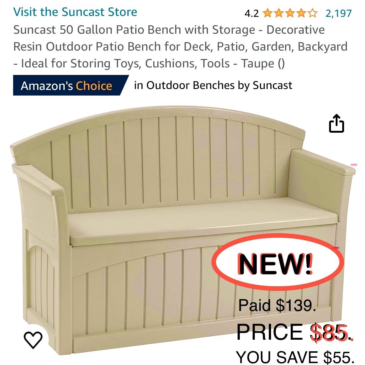 SUNCAST 50 Gallon PATIO BENCH with STORAGE