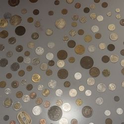 Large Lot Of Foreign Coins/Bills/Stamps  (some Silver) /American Bills/