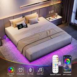 King Size Floating Bed Frame with USB Charging Station and Smart LED Lights, Heavy Duty Metal Platform Bed with Underbed Storage Space, Easy to Assemb