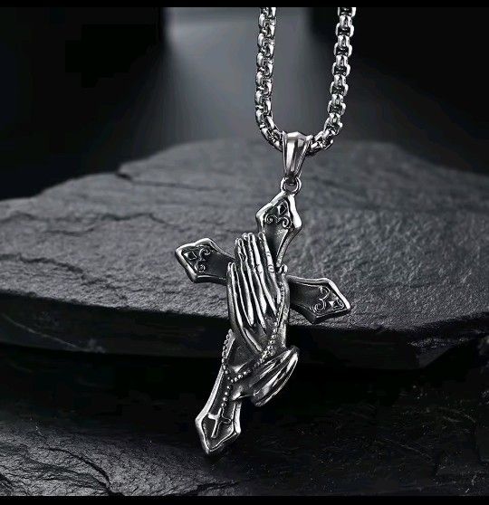 Praying Hands Cross Pendant Necklace 