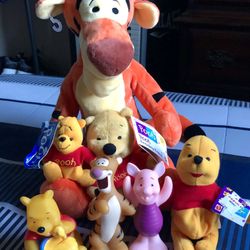 Vintage Disney Winnie The Pooh Beanie Babies & Plush Doll Bundle