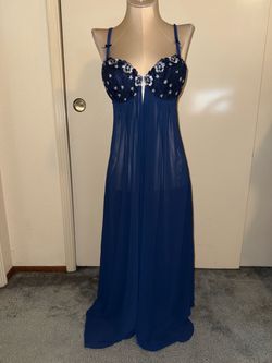 Like new women’s Vintage Victoria's Secret 1990s Navy Chiffon Embroidered Semi-Sheer Open Front Nightgown (S-M)