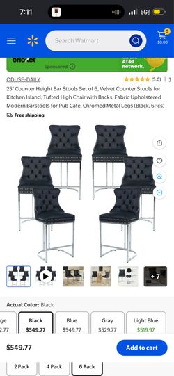 25" Counter Height Velvet Tufted Bar Stools Set of 6 Black