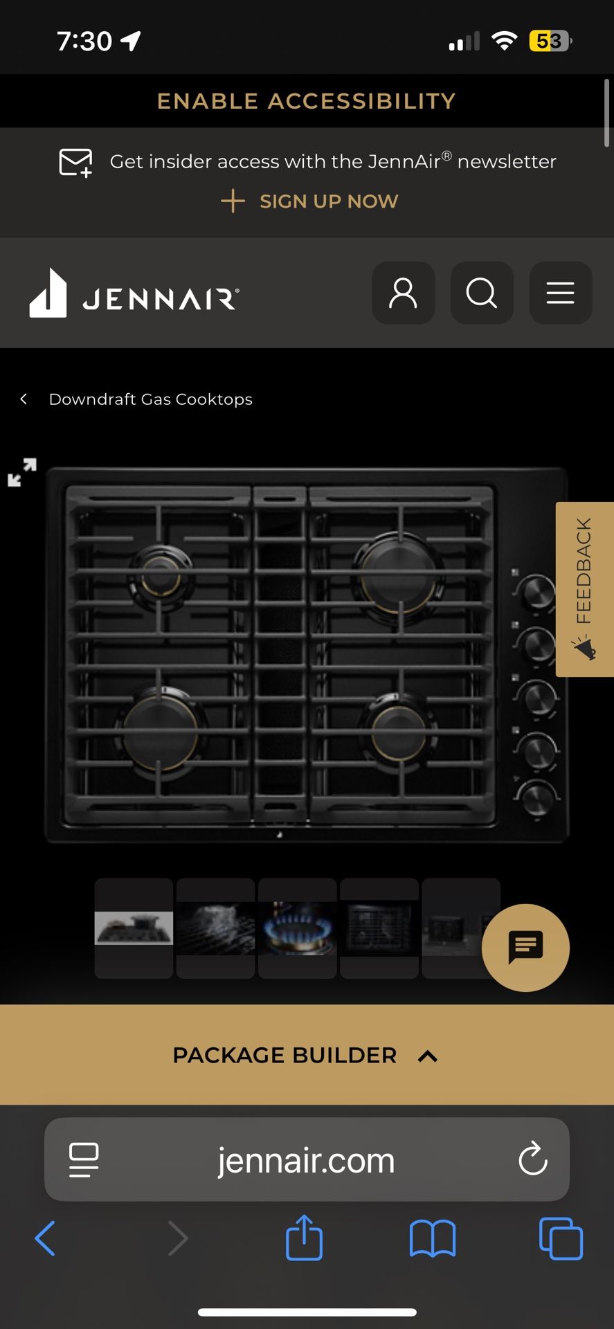 30 inch black Jenn Air updraft gas cooktop