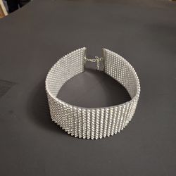 Clear Crystal Rhinestone Collar Silvertone Wide Vinyl Necklace W/12 Rows Of Sparkling Crystals, Adjustable 12"-15"