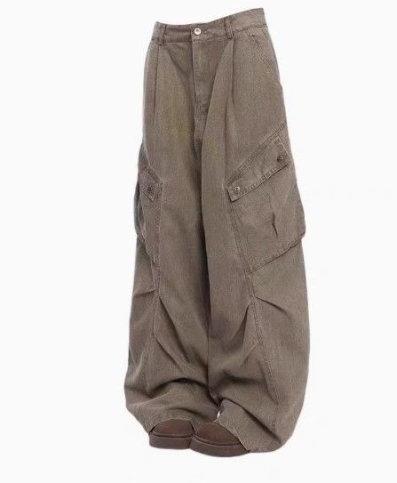 Retro-style Maillard-brown wrinkled wide-pouch workwear denim pants for women, summer lightweight loose-fitting wide-leg floor-length pants