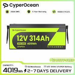 CyperOcean 12V 314Ah LiFePO4 Battery Low-Temp Protection Built-in 200A BMS 12V Rechargeable Lithium Battery 4019Wh 15000 Cycles For Vans, Golf Cart, B