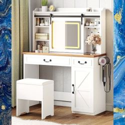 White Vanity With Glass Top, Sliding LED Mirror, Integrated Charging Station, Drawers And Stool. New, Unassembled in Box. 