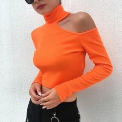 Neon Orange One Shoulder Crop Top Long Sleeve Streetwear Asymmetrical Blouse sz S new