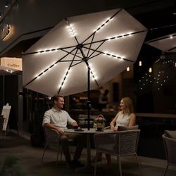 Sun-Ray 9 FT 32 LED Patio Solar Umbrella w/ Push Button Tilt and Crank Outdoor Umbrella, 8 Sturdy Ribs, UV Protection, Solution-Dyed Fabric, Creamy Be