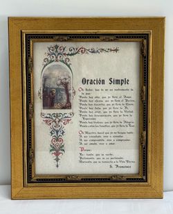 Framed Artwork Florentine Manuscript Spanish Text Oración Simple (Simple Prayer) Saint Francis of Assisi 11x13