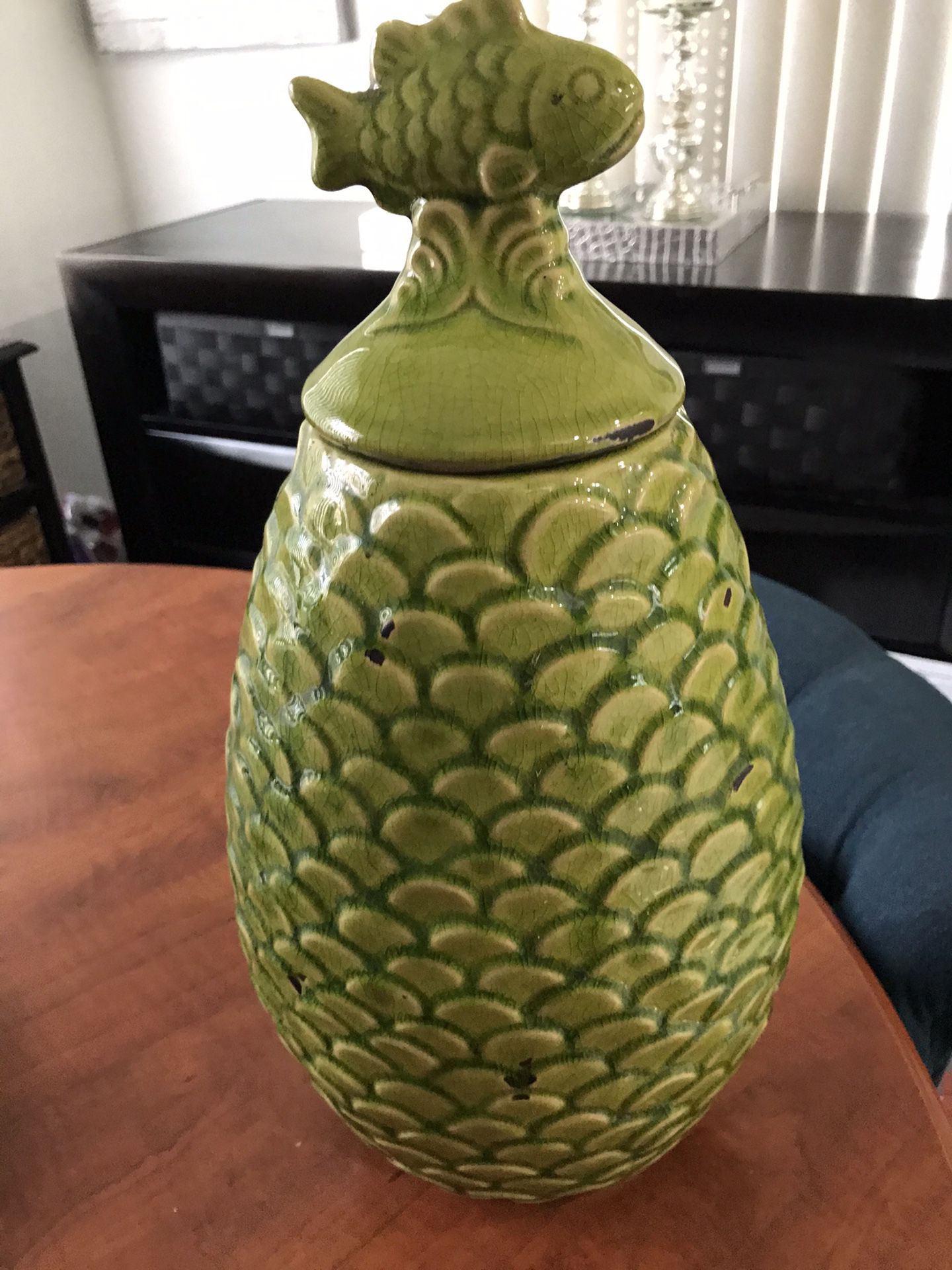 Lime green vase with fish top home decor height 14