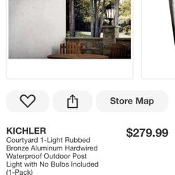 KICHLER Courtyard 1-Light Rubbed Bronze Aluminum Hardwired Waterproof Outdoor Post Light with No Bulbs Included (1-Pack)