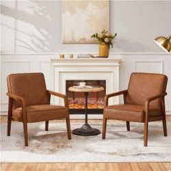 2 pcs Mid-Century Modern Upholstered Lounge Chair Extra-Wide Faux Leather Accent Chair Solid Wood Frame Armchair