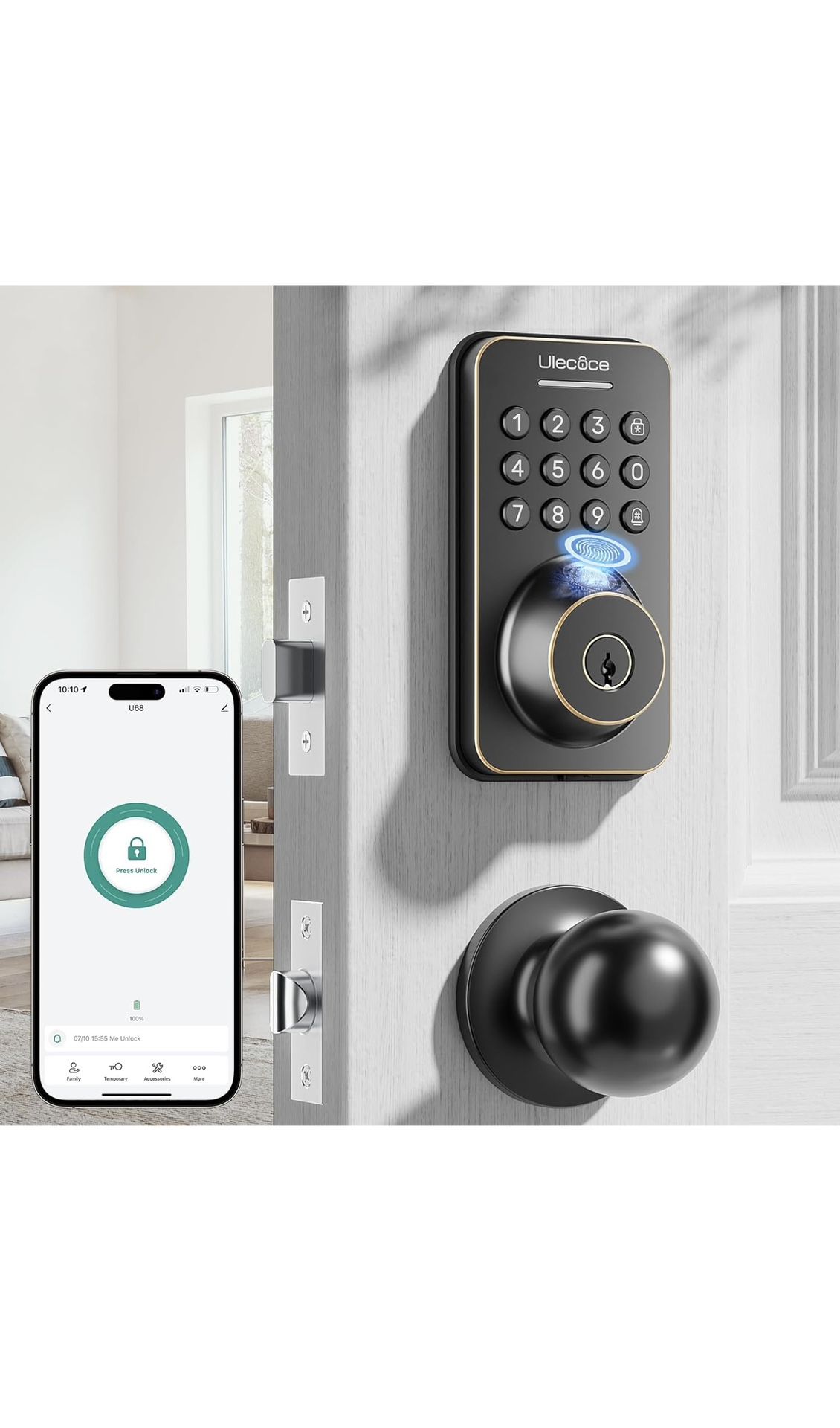 Fingerprint Keypad Deadbolt with Handle Set, Keyless Entry Door Lock, Door Locks for Front Door Lock Set, App Control, Auto Locking, Easy to Install,