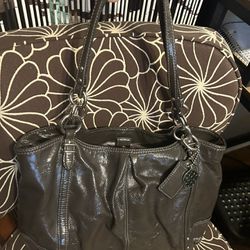 Coach Bag, Grey Patent Leather Lavender Interior 