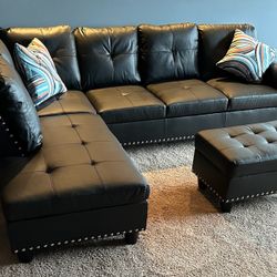 Black Leather Modern Style Sectional Couch And Ottoman