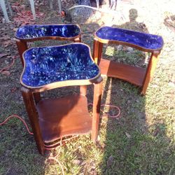 Antique Art Deco Wood End Tables Or Nightstands With Mirror Cobalt Blue Glass$150 For All Or Make An Offer