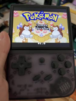 Transparent purple Anbernic RG35XX+ retro handheld - comes with charger/case/64gb 