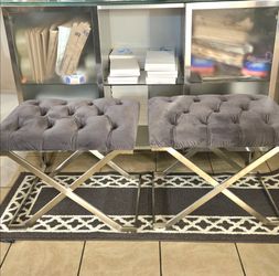Pair of Elegant Gray velvet and Stainless Accent Bench seat