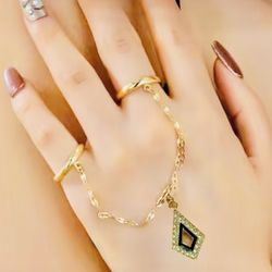 Gold Double Rings With Chain & Diamond Shaped Crystal Dangle Charm 
