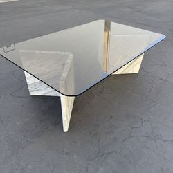 Vintage White Carrara Marble Coffee Table With Amber Glass Top Excellent Condition 