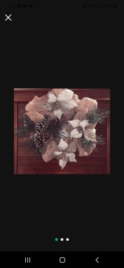 Holiday Wreath 20 Inch Burlap, White & Silver Frosted Pointsetta Flowers, Pinecones, Pineneedles