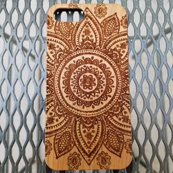 Mandala design laser engraved wood case for iPhone and Samsung Galaxy