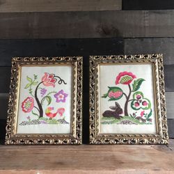 Set Of 2 Vintage Gold Filigree Framed Floral Embroidered Needlework Wall Art