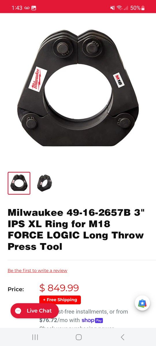 Milwaukee 3 in. IPS XL Ring for M18 Force Logic Long Throw Press Tool $350