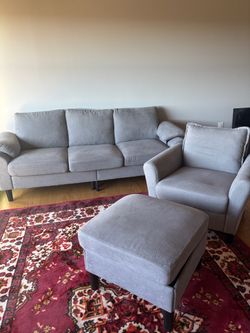 Gray Fabric Sofa, Armchair, and Ottoman Set