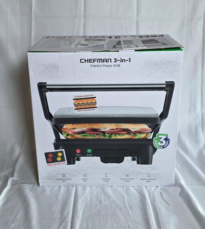 Chefman 3-in-1 Panini Press Grill – New, Sealed Unit, Compact Sandwich Maker
