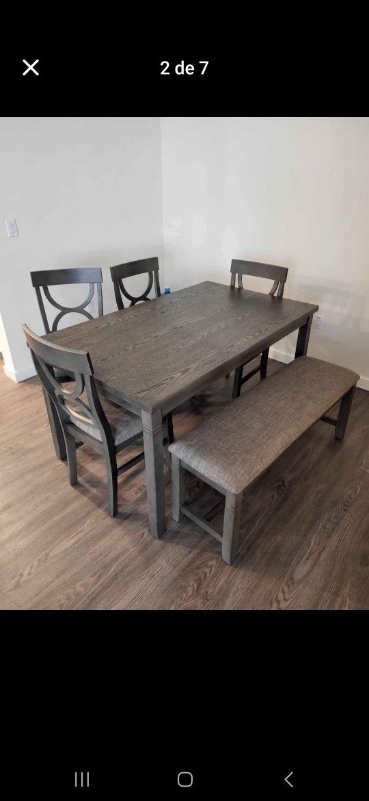 ✅️✅️6 pc bridget ii grey finish wood dining table set padded seat chairs and bench✅️✅️