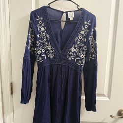 Francesca’s Navy Blue Boho Long Sleeve Embroidered Dress – Size S