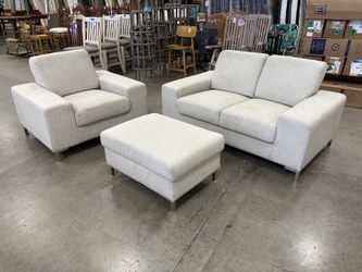 Modern Light Beige Square Arm Loveseat and Accent Chair with Ottoman and Chrome Legs (Set of 3)