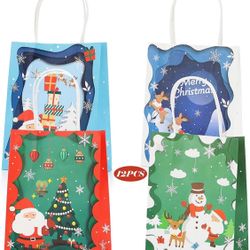 12 Pack Christmas Theme Gift Goody Kraft Bags Xmas