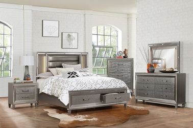 Brand new grey LED queen storage bedframe + dresser + mirror + nightstand