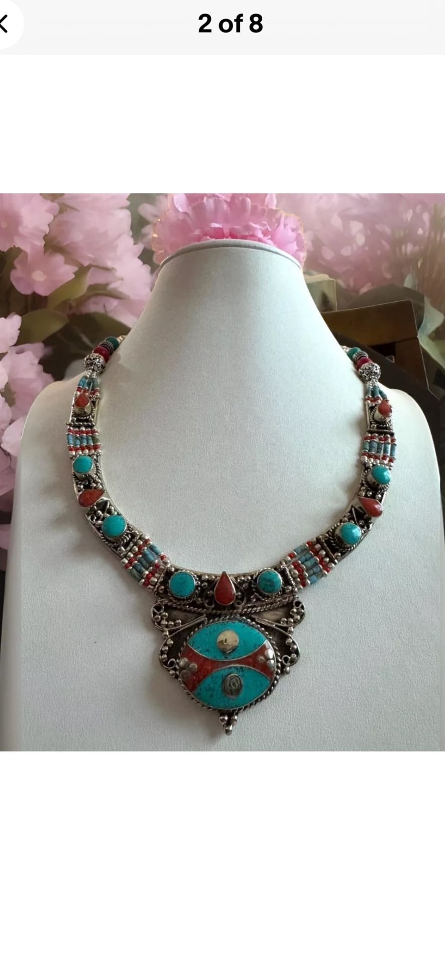 Stunning handcrafted Tribal Theme Necklace Inlay coral & turquoise set in Silver 18”inch