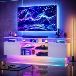 70” High-Glossy TV Stand with 2 Side Cabinets, Modern Stylish TV Console with 3 Layer LED Lights,Gaming TV Media Console with Adjustable Glass Shelf, 