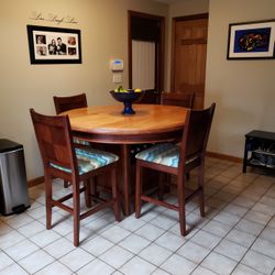 Solid Wood Raised Dining Table W/ Built in Wine Rack and Storage + 4 Chairs