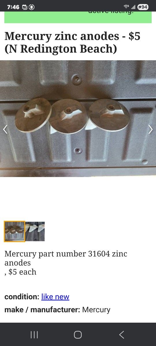 Mercury zinc anodes 31604
