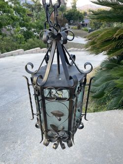 Large MCM Vintage Spanish Revival Style Gothic Iron Lantern Hanging Light Fixture